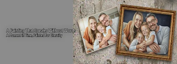Custom family portrait painting showing photo‑to‑art transformation in ornate frame.